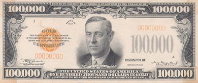 The Wilson One Hundred Thousand Dollar Gold Certificate was used by Federal Reserve Banks.  It was never distributed to the public.  It was the biggest denomination of paper money ever printed in the United States! 